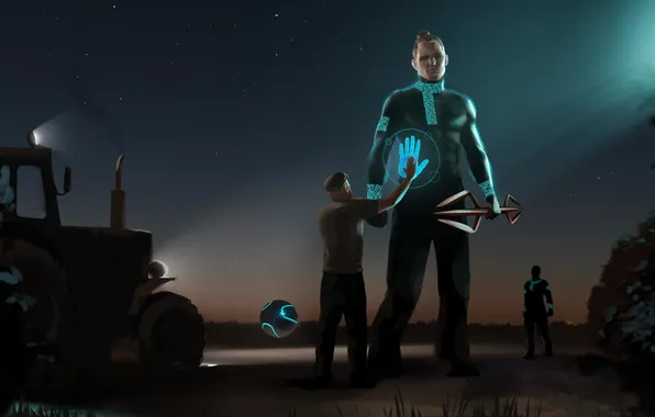 Field, meeting, UFO, tractor, grandfather, Russia, aliens