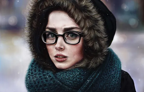 Cold, winter, look, girl, face, scarf, glasses, hood