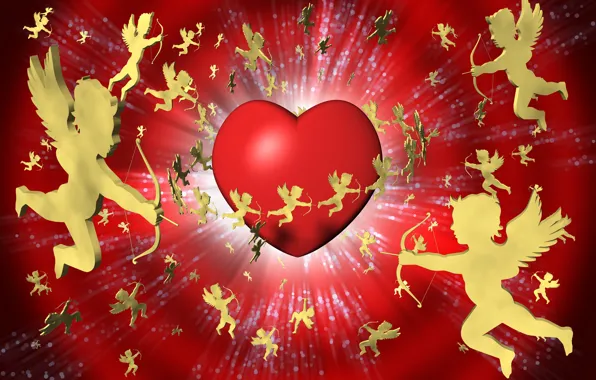 Heart, wings, angels, arrows, Valentine's day, red background, Luke, 3D Graphics