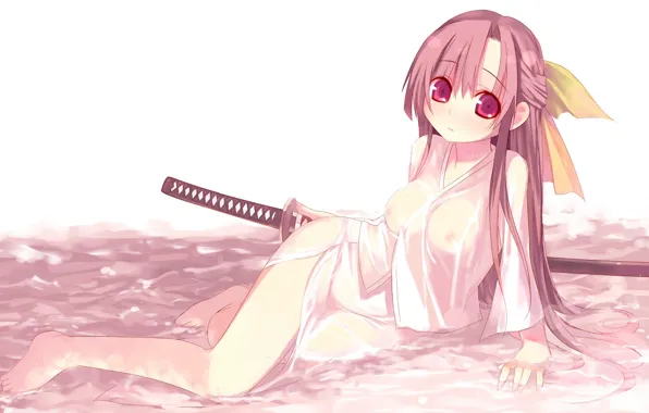 Katana, white background, red eyes, in the water, arm, pink hair, barefoot, lying on his …