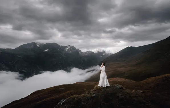 The sky, girl, landscape, nature, romance, dal, dress, long hair