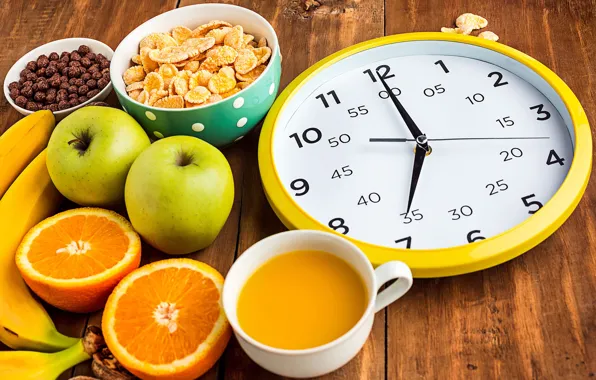 Apples, watch, oranges, juice, bananas, fruit, cereal