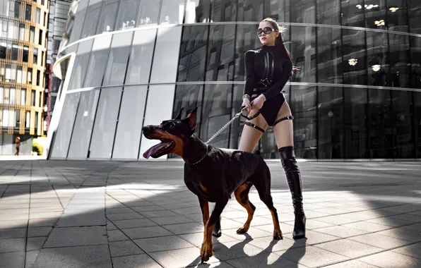 Picture girl, pose, dog, boots, figure, glasses, Doberman, Yuri Semyonov