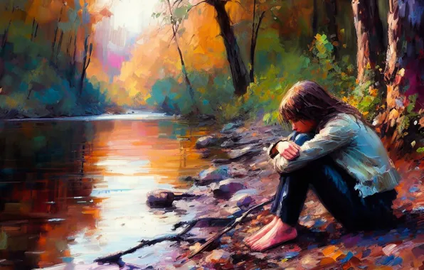 Sadness, autumn, forest, water, girl, trees, branches, lake