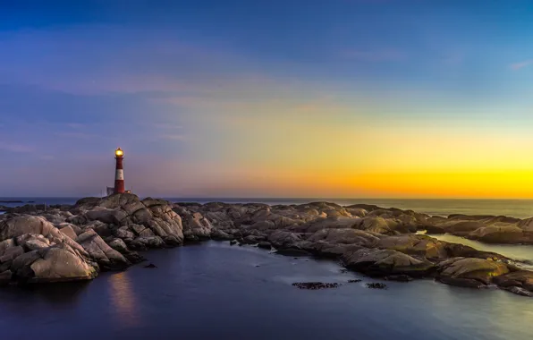 Sea, the sky, light, sunset, reflection, lighthouse, pool, horizon