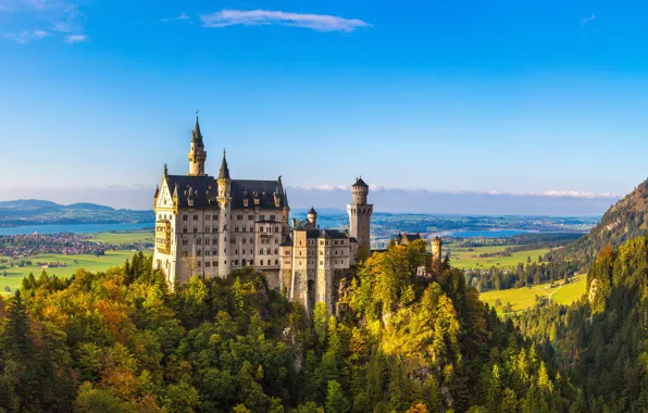 Greens, the sky, the sun, clouds, trees, mountains, river, castle