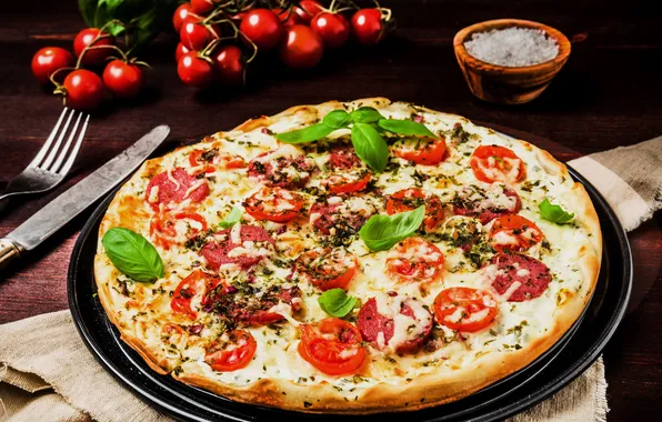 Cheese, knife, pizza, tomatoes, cakes
