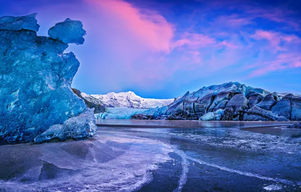 Water, sunset, mountains, ice, Iceland, Iceland, Auster-Skaftafellssysla, the Vatnajökull glacier