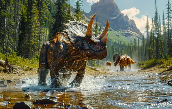 Water, Mountains, Trees, Mountain, Dinosaur, Horns, River, Triceratops