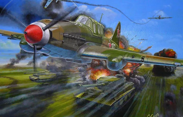 Picture the plane, art, flying tank, attack, the, combat, under, WWII