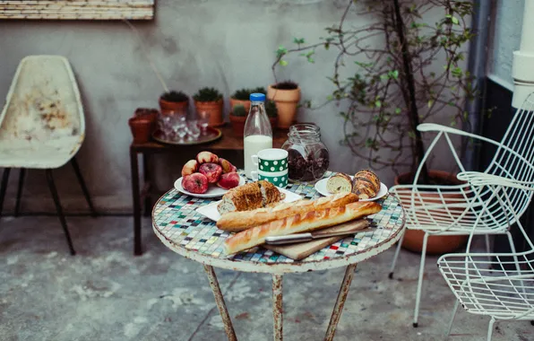 Fruit, milk, table, plants, cups, chairs, breads