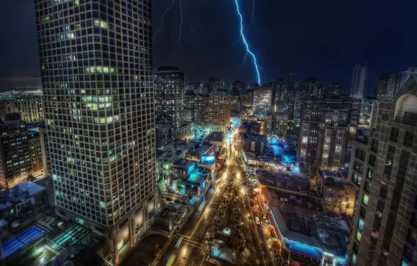 Road, night, lights, lightning, building, Chicago