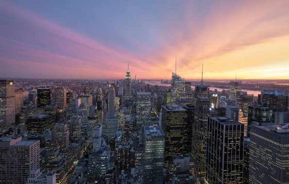 The city, dawn, skyscrapers, megapolis, New York, Midtown, USА, Rockafeller Center