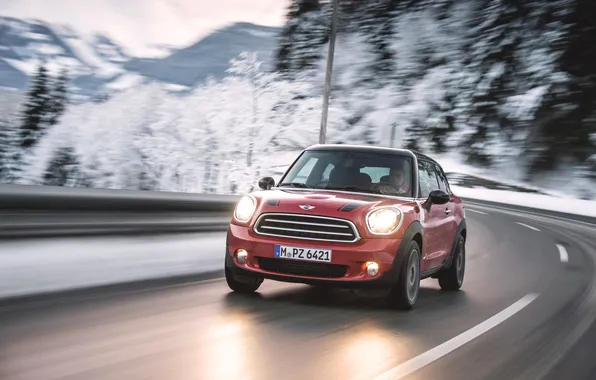 Red, Winter, Auto, Road, Machine, Asphalt, Lights, Mini Cooper