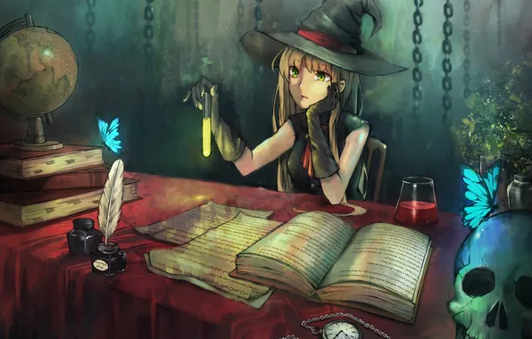 Butterfly, watch, books, skull, hat, gloves, witch, globe