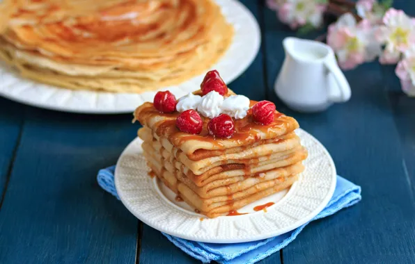 Raspberry, pancakes, sauce, caramel