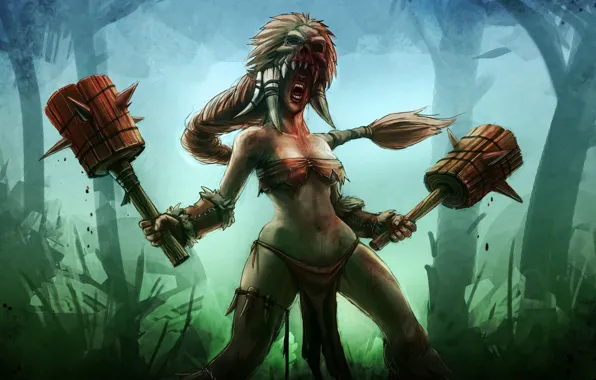 Weapons, blood, skull, rage, helmet, braid, bandage, Girl