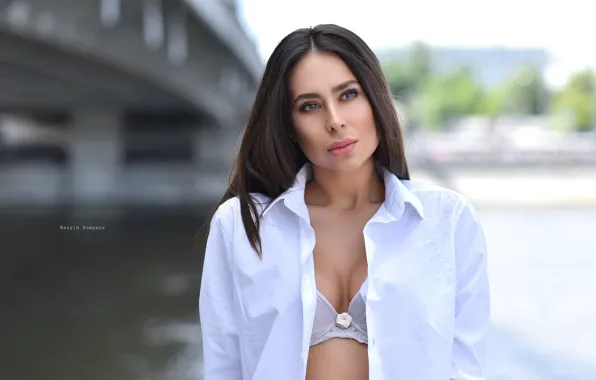 Chest, girl, linen, brunette, shirt, Maxim Romanov