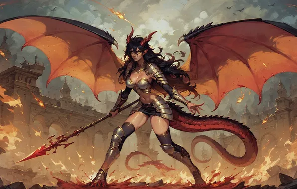 Girl, fire, fire, flame, dragon, spear