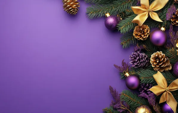 Balls, branches, Christmas, purple, New year, needles, bumps, gold