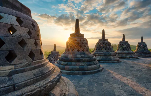 The sun, rays, light, island, the evening, Indonesia, Java, Borobudur