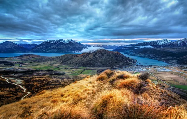 Mountains, view, hill, pond