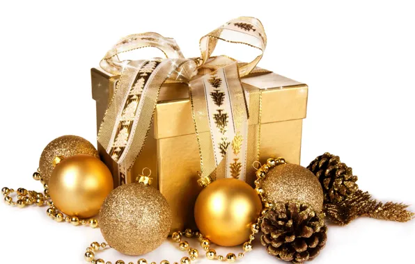 Balls, gift, balls, New Year, Christmas, golden, christmas, balls