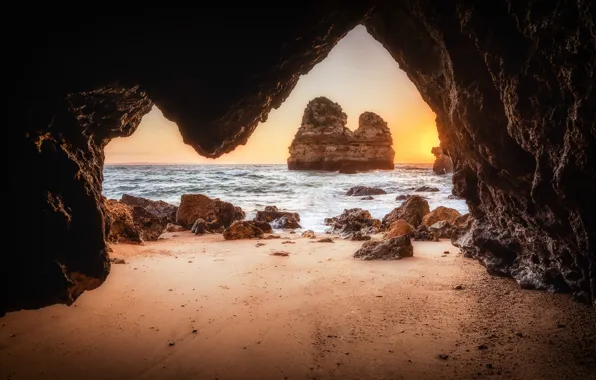 Sand, sea, wave, beach, the sky, the sun, sunset, stones