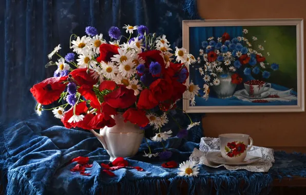 Maki, chamomile, bouquet, picture, Cup, still life, cornflowers
