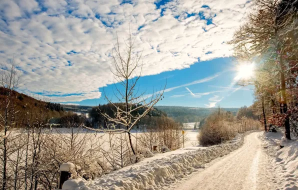 Picture winter, road, the sun, landscape, nature, beauty