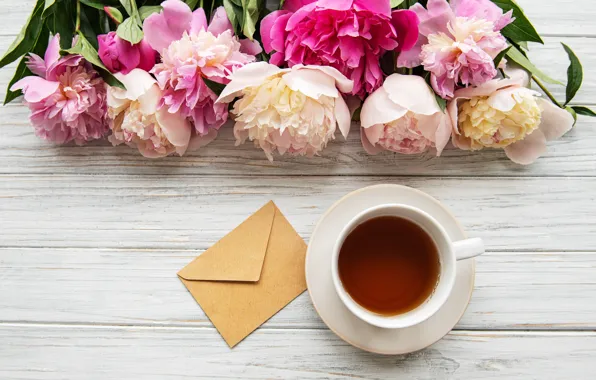 Flowers, pink, wood, pink, flowers, cup, peonies, tea