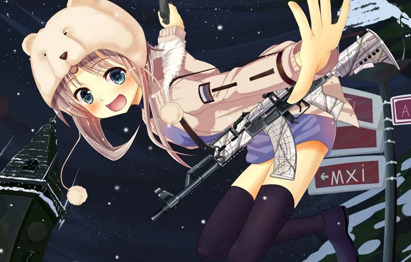 Girl, stars, snow, night, gun, weapons, sign, hat