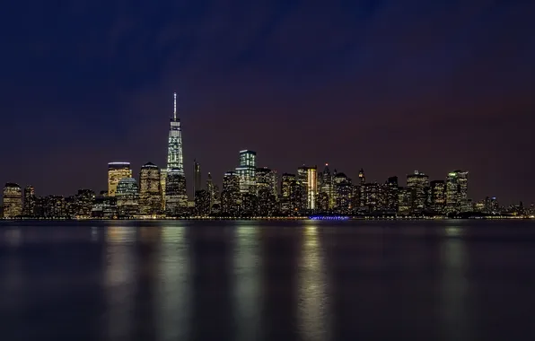 Night, lights, reflection, New York, mirror, Manhattan, New Jersey, Jersey City