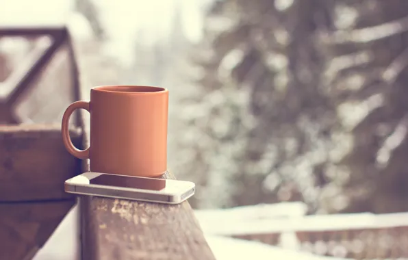 Cup, hot, winter, snow, cup, smartphone, coffee