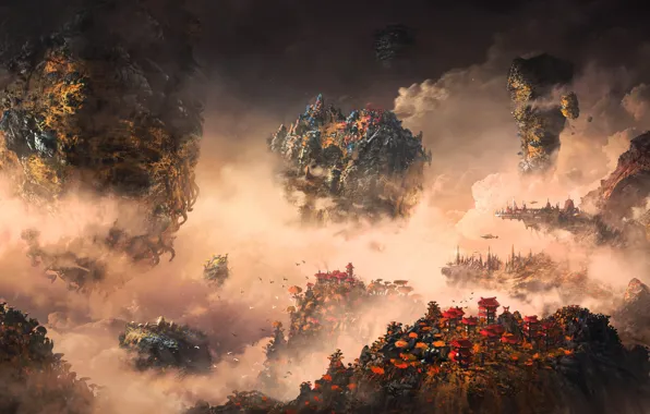 Mountains, The city, Rocks, Fantasy, Art, Fiction, Autumn, Heaven