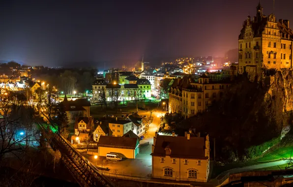 Picture road, night, bridge, lights, fog, castle, rocks, home