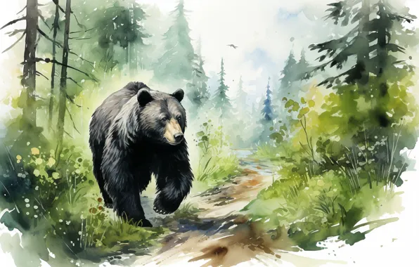 Picture forest, look, nature, picture, bear, watercolor, painting, brown