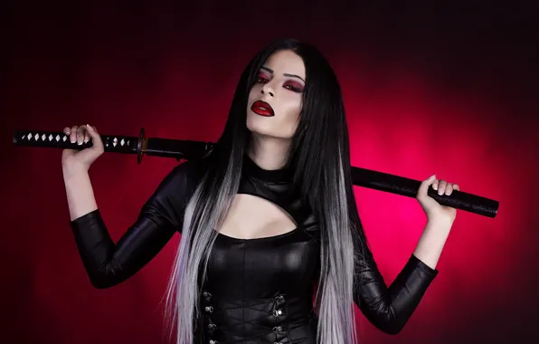 Look, pose, background, model, portrait, sword, katana, hands