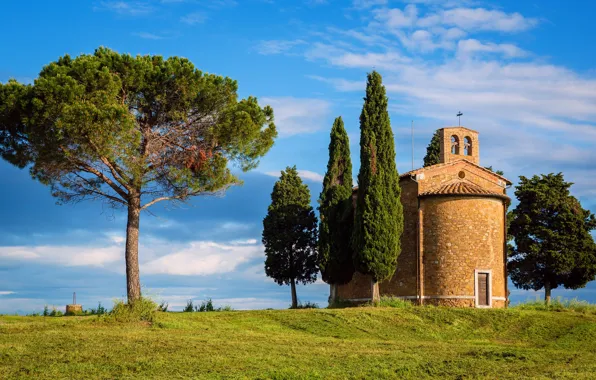 Picture greens, the sky, grass, the sun, clouds, trees, hills, Italy