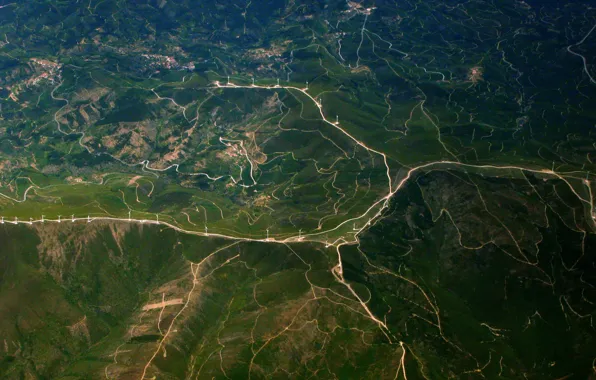 Grass, trees, nature, roads, Portugal, height, wind turbines, Castelo Branco