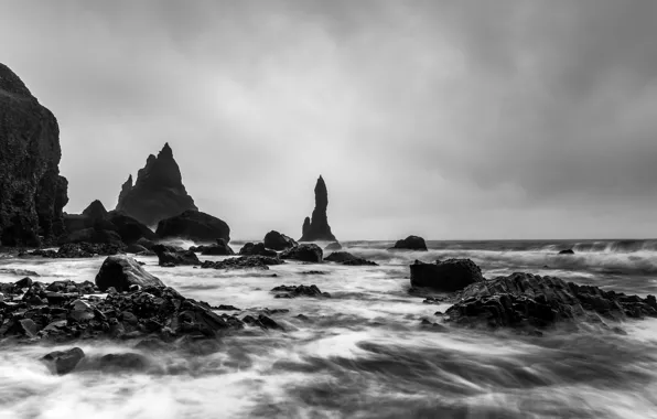 Sea, landscape, rocks, black and white, monochrome, Iceland