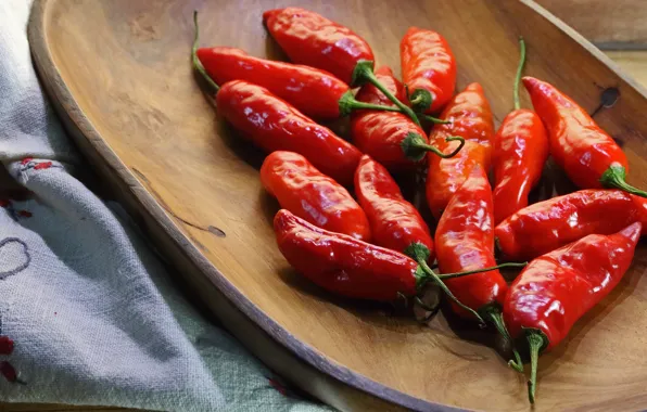 Red, towel, pepper, bowl, sharp, wooden, Chile, burning