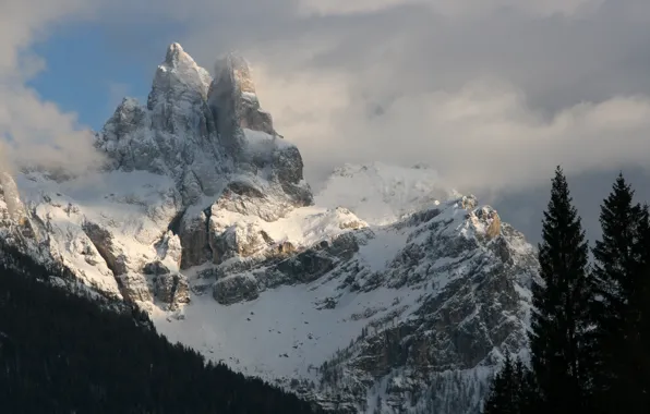 Picture winter, the sky, clouds, snow, trees, mountains, nature, rocks