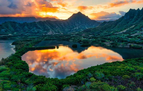 The sky, landscape, mountains, nature, lake, reflection, dawn, morning