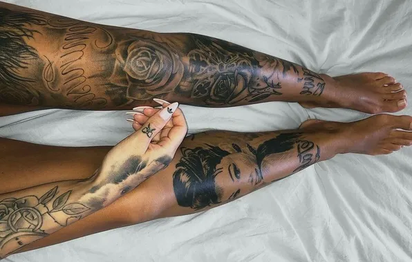 Tattoo, nails, manicure, slender legs, the tattoo on the arm, tattoo on legs