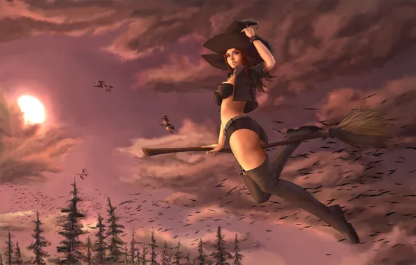 Trees, flight, hat, art, broom, witches, cone