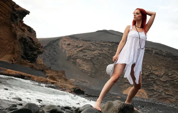 Picture MOUNTAINS, WHITE, DRESS, HAT, RIVER, ROCKS, SUNDRESS, Ariel Piperfawn