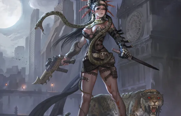 Cat, girl, night, the city, weapons, fiction, predator, art