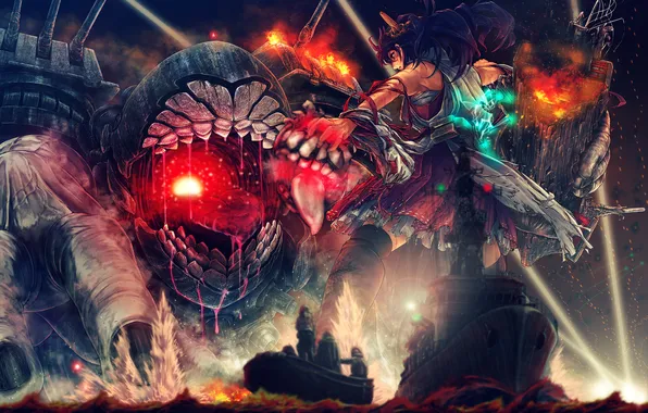 Sea, girl, magic, ship, monster, gesture, art, kantai collection