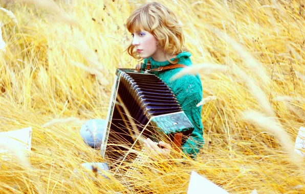 Picture BLONDE, GIRL, GRASS, FIELD, STRAW, SPIKELETS, SHEETS, ACCORDION